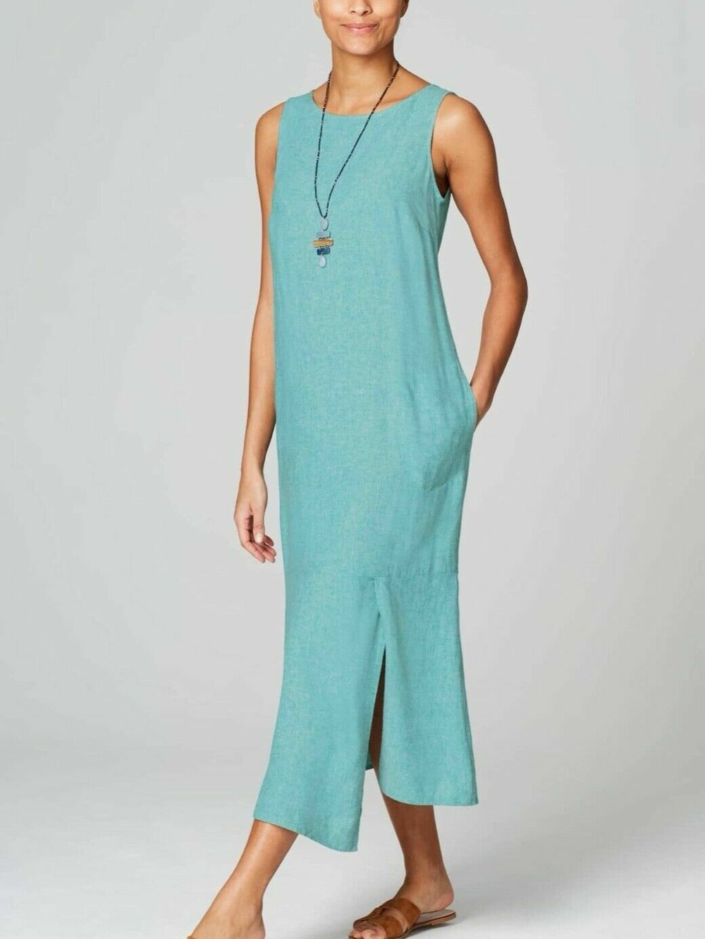 Pure Jill Sleeveless Teal Linen-Blend Dress